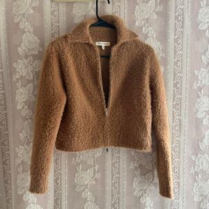 Hazel Moon Women's Brown Fuzzy Zip Up Crop Sweater